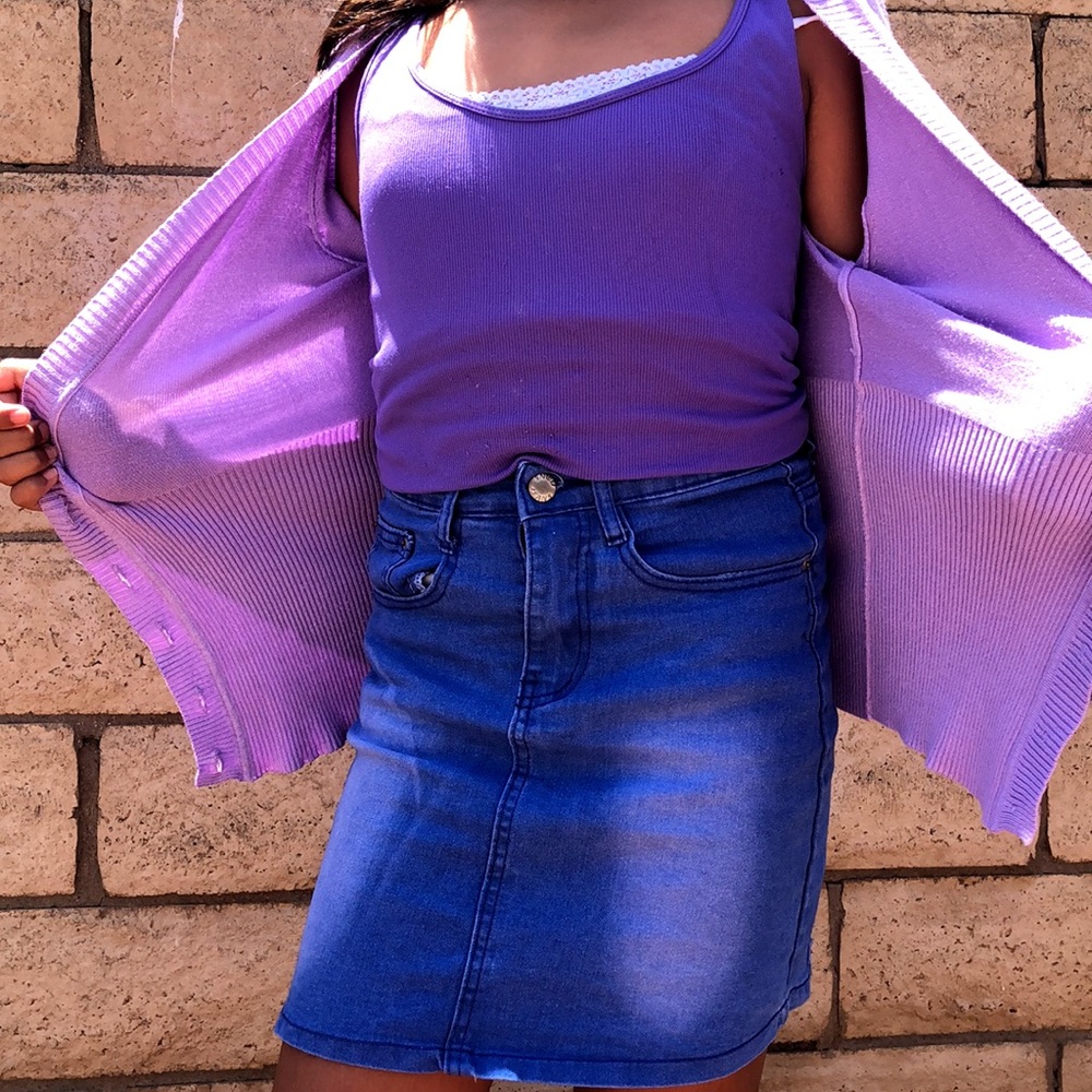 purple cardigan